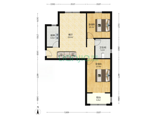 水岸花城 2室1厅 南 北-户型图