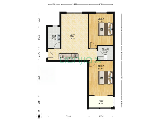 房子户型方正，采光好，不遮挡。-户型图