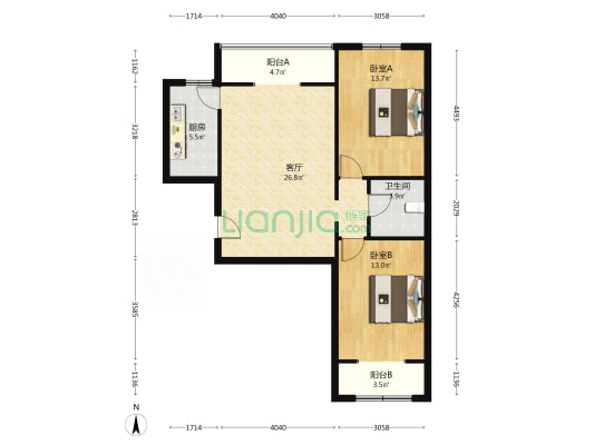 水岸花城 2室1厅 南 北-户型图