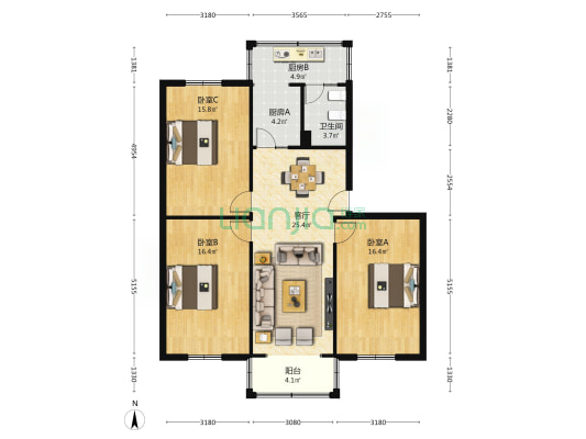 金辉小区 3室1厅1卫 105平方