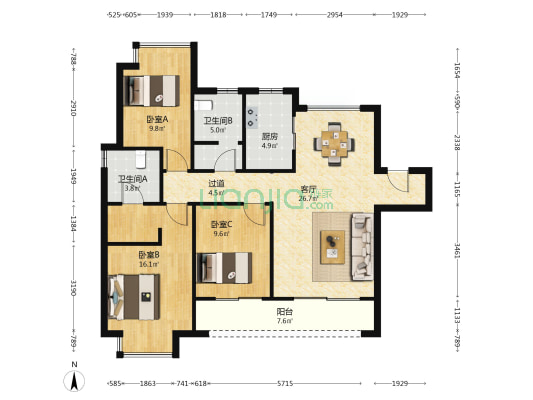 煌盛熙岸公园 3室1厅2卫 116平方