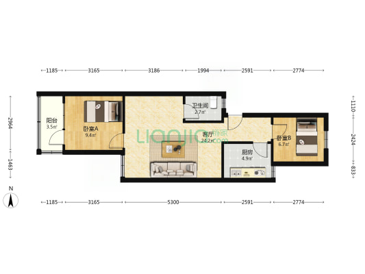 共青团东路北二巷 2室1厅1卫 65平方