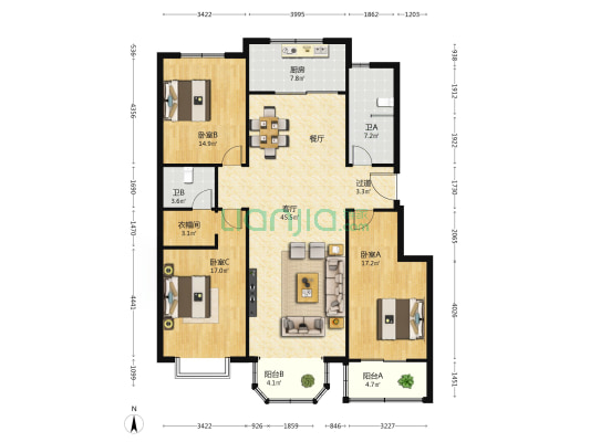顶秀清溪南苑 3室1厅2卫 163平方