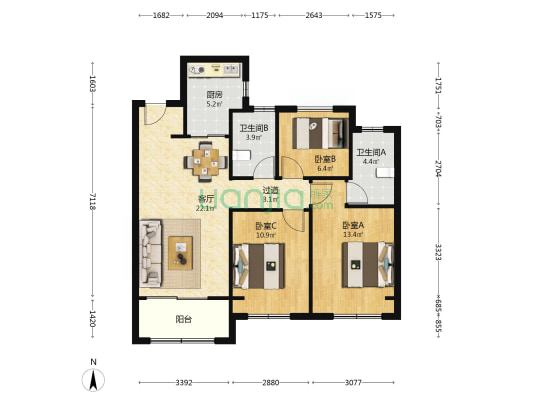 天健·泓悦府 3室1厅2卫 105平方
