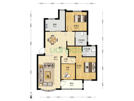 宁大高知小区 3室1厅2卫 110平方