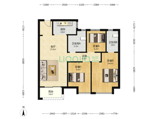 武汉诺德逸园 3室1厅2卫 98平方