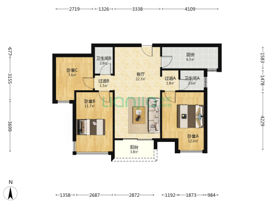 绿地花语城书锦苑 3室1厅2卫 97平方