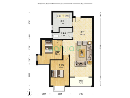 此房满二税费低，全南户型，采光全天-户型图