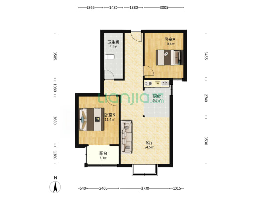 房子属于联合地产开发的两居好楼层-户型图