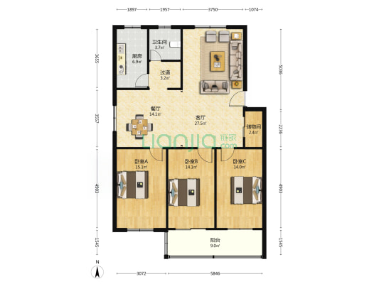 毛纺厂 3室2厅1卫 130平方