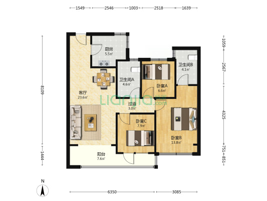 上实云麓 3室1厅2卫 107平方