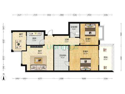 海口乌兰集团公寓楼 2室2厅2卫 106平方