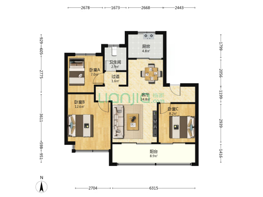 蓝湖郡 3室1厅1卫 89平方