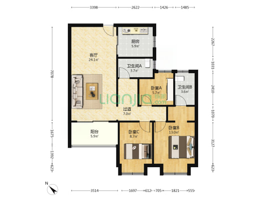 保利爱尚里 3室1厅2卫 103平方