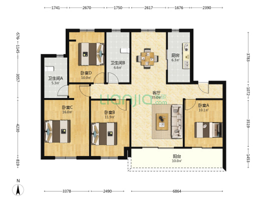 同文华庭 4室1厅2卫 122平方