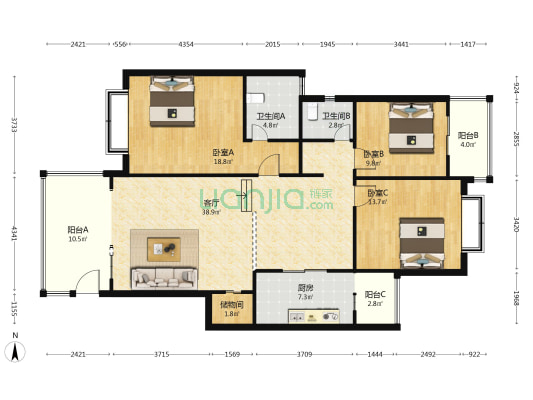 双楠风景二期 3室1厅2卫 125平方