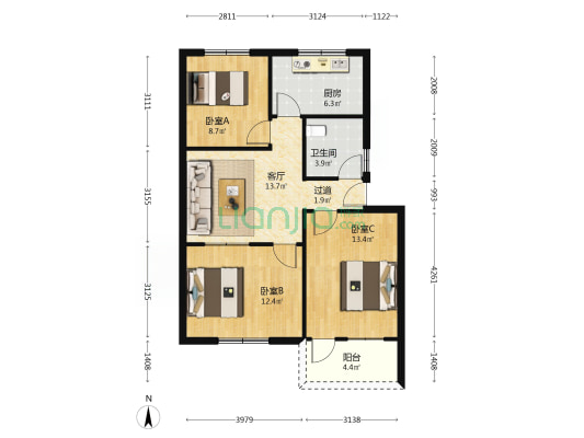 二化家属楼 3室1厅1卫 79平方