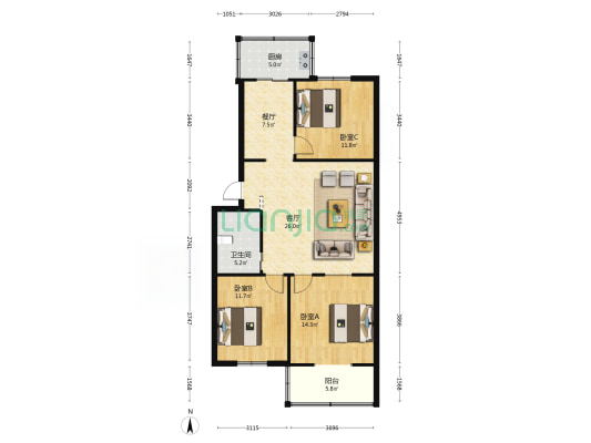 建工苑A区 3室2厅1卫 104平方