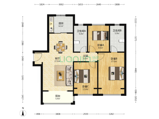 中海悦湖东方 3室1厅2卫 126平方