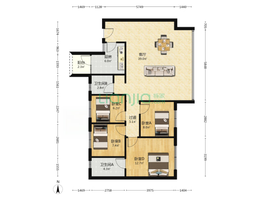 首开中环云樾 4室1厅2卫 120平方