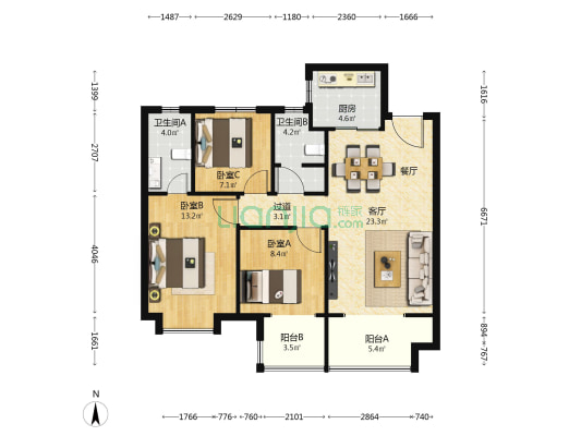 中国铁建·西派逸园 3室1厅2卫 102平方