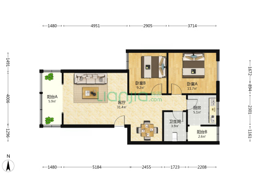 锦瑞民居 2室1厅1卫 83平方