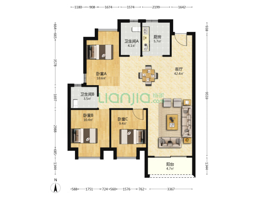 湖北交投长江国际绿创中心 3室1厅2卫 120平方