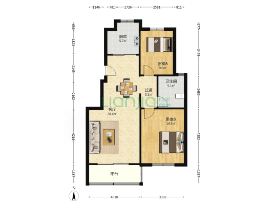 横泾花园 2室1厅1卫 100平方