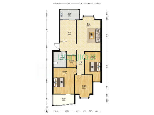力源食品家属楼 3室2厅1卫 136平方