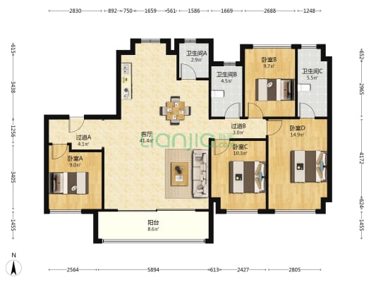 招商蛇口天青府 4室1厅3卫 143平方