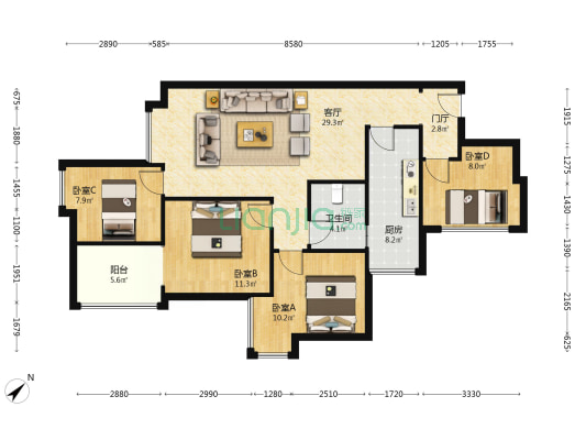 河滨森邻B区 4室1厅1卫 89平方