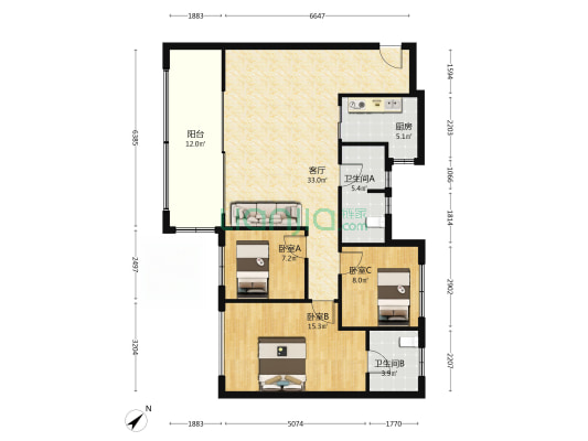 首钢璟悦里 3室1厅2卫 119平方