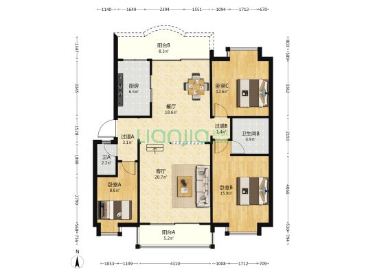 昱竹苑 3室2厅2卫 119平方