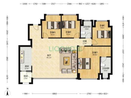 科学城置业龙湖凤栖湖畔 4室1厅2卫 126平方