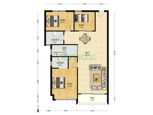 广电家园 3室1厅2卫 150平方