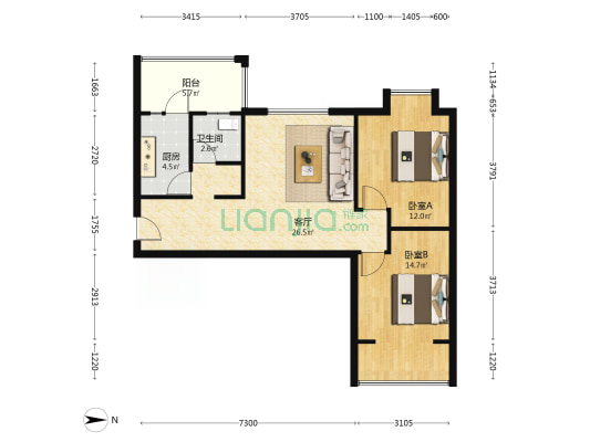 机车嘉苑 2室1厅1卫 82平方
