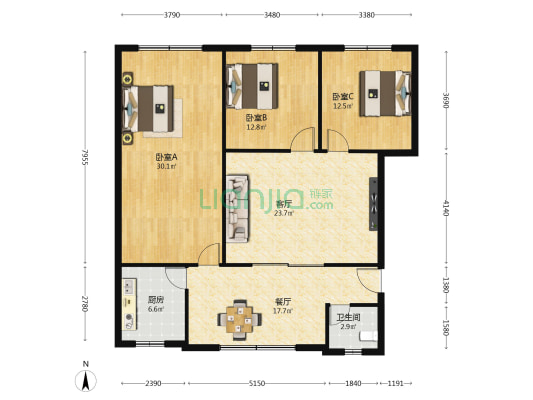 万荣小区 3室2厅1卫 134平方