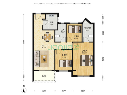 星萃云庭 3室1厅2卫 98平方