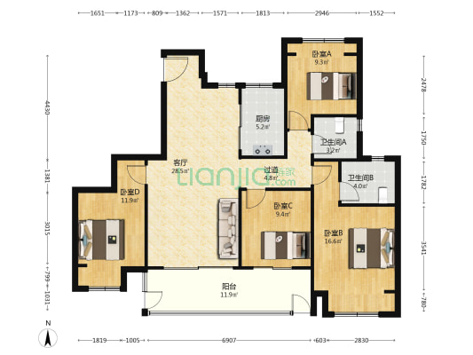 星河盛世 4室1厅2卫 143平方