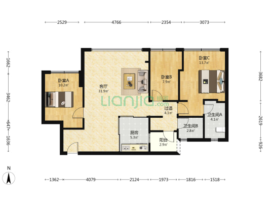 万科璞玉 3室1厅2卫 89平方