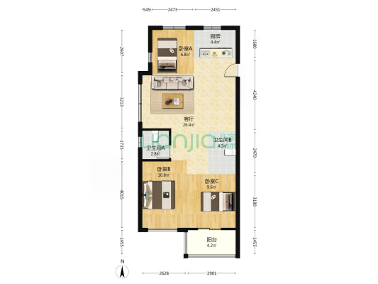 大东海世茂天玺 3室1厅2卫 92平方