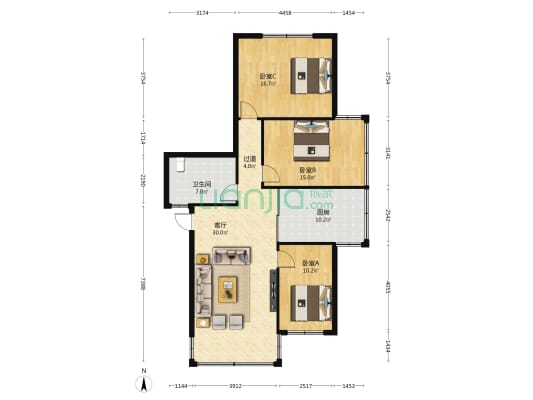 花果园街4号 3室1厅1卫 113平方