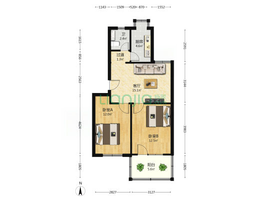 河南省地质环境监测院 2室1厅1卫 62平方