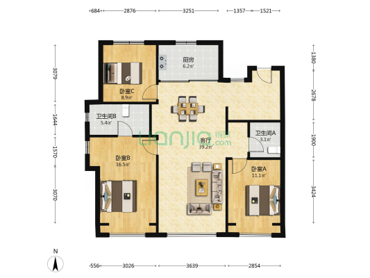 中海峰境南开 3室1厅2卫 126平方