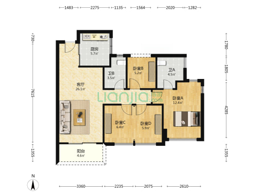 泰丰千语庭 4室1厅2卫 89平方