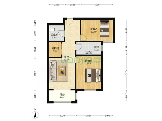 南向2居 户型方正 全天采光.税费低-户型图