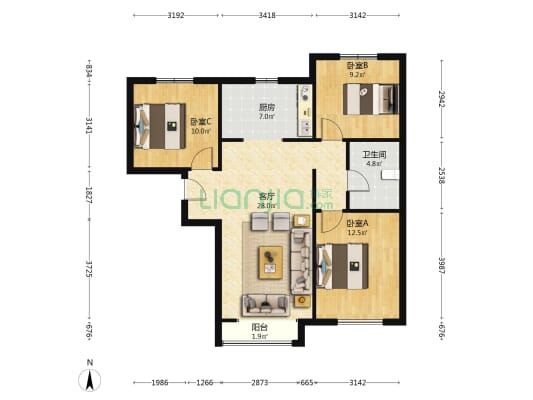 新干线南北三居毛坯随意装修，房本满两年-户型图