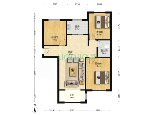 鹏渤印象城牛津花园 3室2厅 北 南-户型图