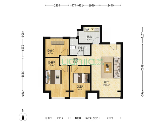 万欣城梅园 3室1厅1卫 88平方