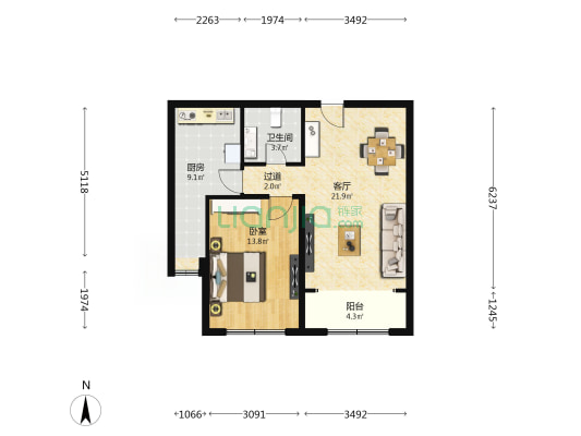 雁栖一品园A区（雁来园北一街） 1室1厅1卫 80平方